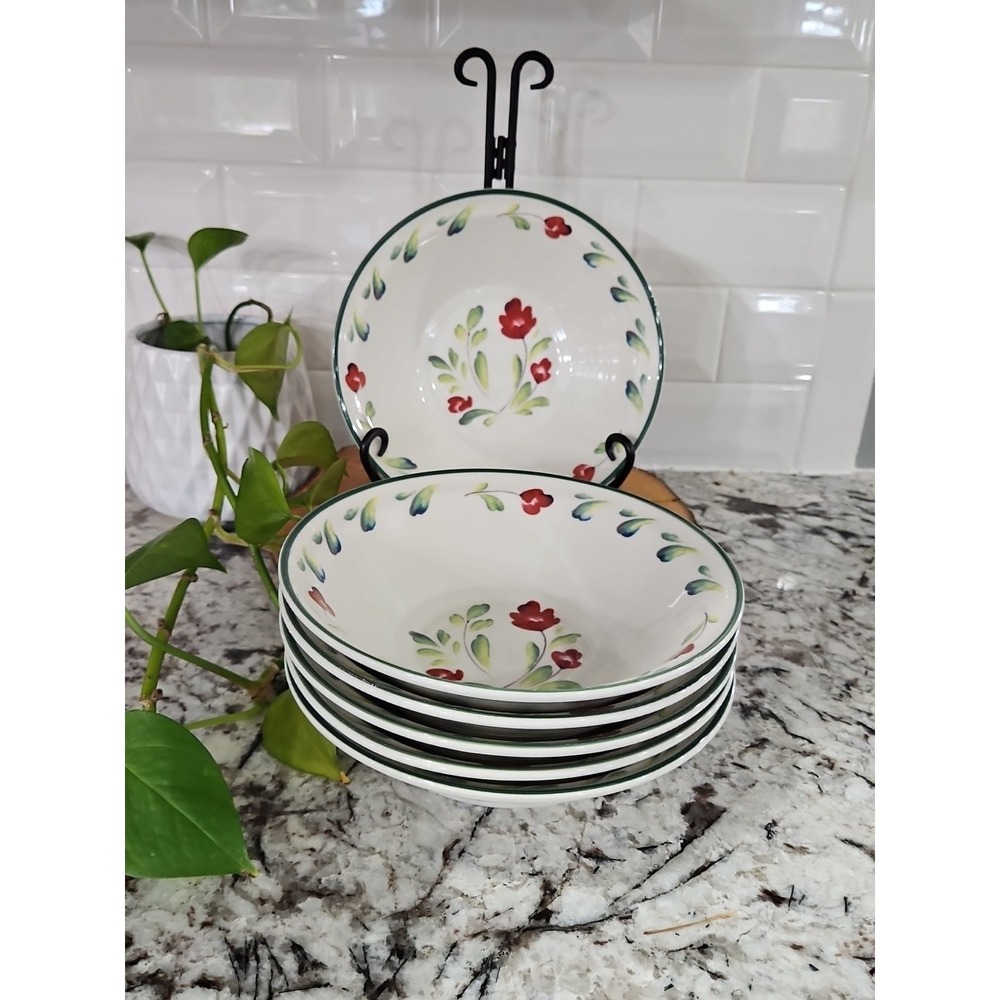 International Pasta Salad Bowl 8 " SET‎ Of 6 ( Green Leaves Red Flowers )